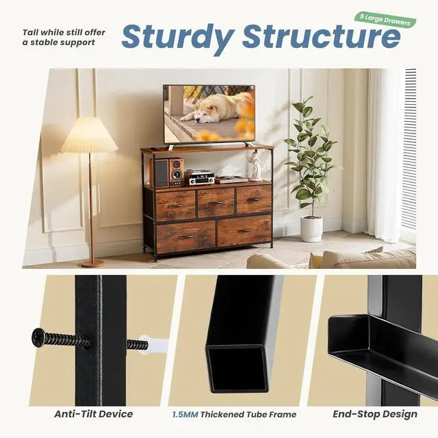 Alt view image 6 of 6 - Eyesoul TV Stand Dresser for Bedroom with 5 Fabric Drawer,Entertainment Center for 45 inch Television, Media Console Table with Storage, Open Shelf, Adjustable Feet, Living Room Furniture, Brown