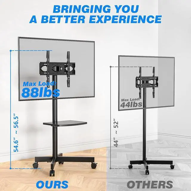 Alt view image 2 of 6 - Eyesoul Mobile TV Stand for 23-60 Inch LCD LED Flat/Curved Panel Screen TVs up to 88 lbs, Rolling TV Stand with Adjustable Shelf & Tilt, Portable Floor Stand on Wheels for Bedroom, Living Room, Office