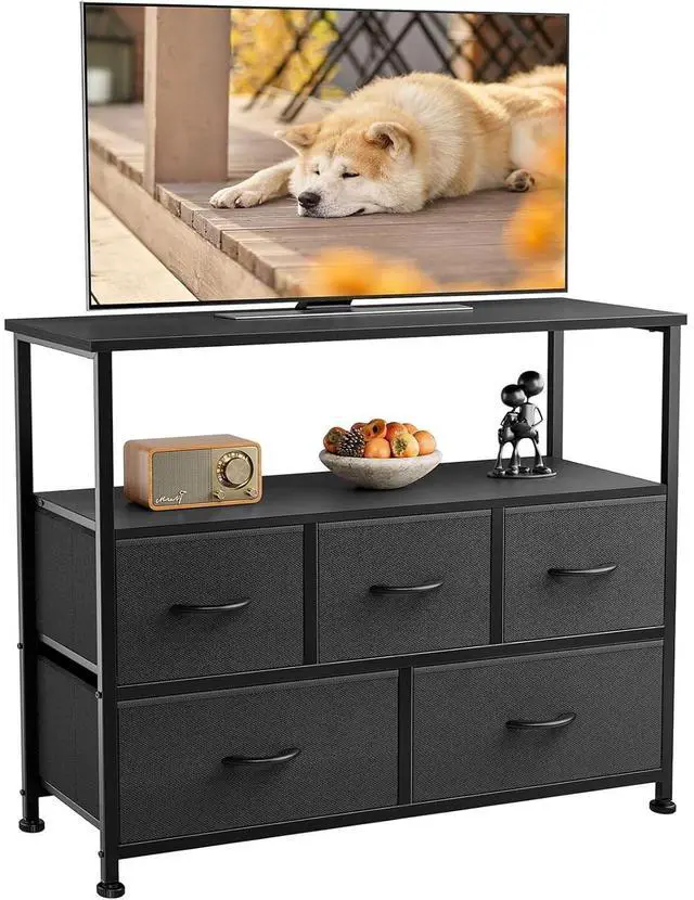 Main image of Eyesoul TV Stand Dresser for Bedroom with 5 Fabric Drawer,Entertainment Center for 45 inch Television, Media Console Table with Storage, Open Shelf, Adjustable Feet, Living Room Furniture, Black