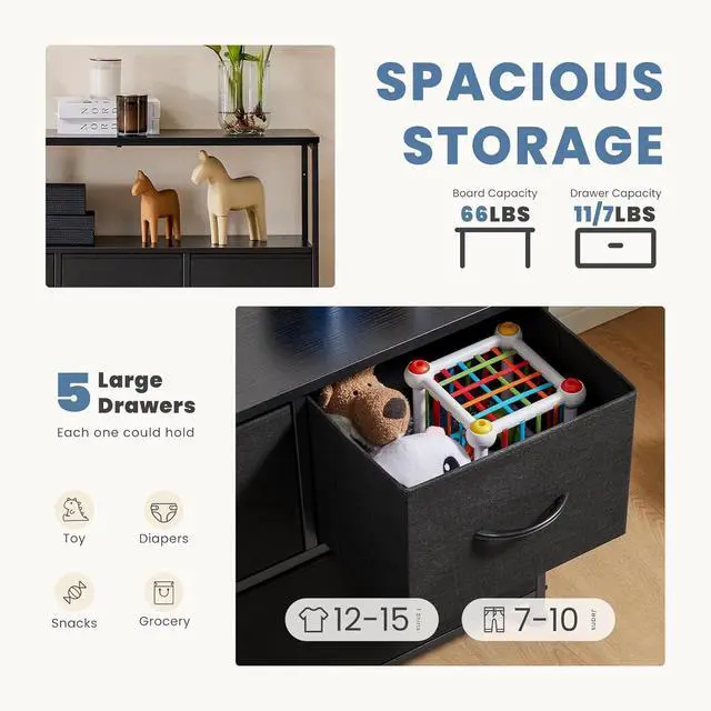 Alt view image 4 of 6 - Eyesoul TV Stand Dresser for Bedroom with 5 Fabric Drawer,Entertainment Center for 45 inch Television, Media Console Table with Storage, Open Shelf, Adjustable Feet, Living Room Furniture, Black