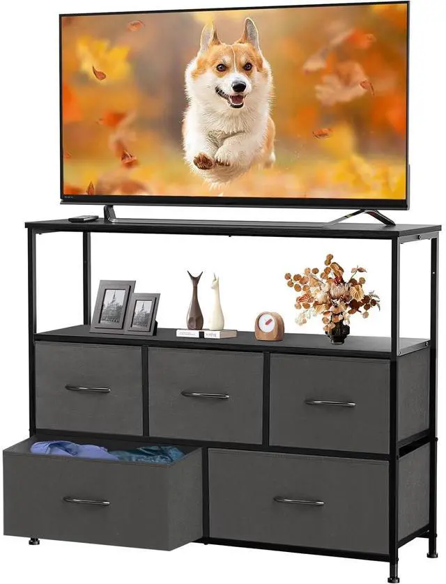 Main image of Eyesoul TV Stand Dresser with 5 Fabric Storage Drawers, Media Console Featuring Open Shelf for 45 inch TV, Compact Entertainment Unit for Bedroom, Living Space, or Dorm Organization, Grey