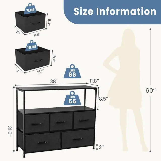 Alt view image 3 of 6 - Eyesoul TV Stand Dresser for Bedroom with 5 Fabric Drawer,Entertainment Center for 45 inch Television, Media Console Table with Storage, Open Shelf, Adjustable Feet, Living Room Furniture, Black
