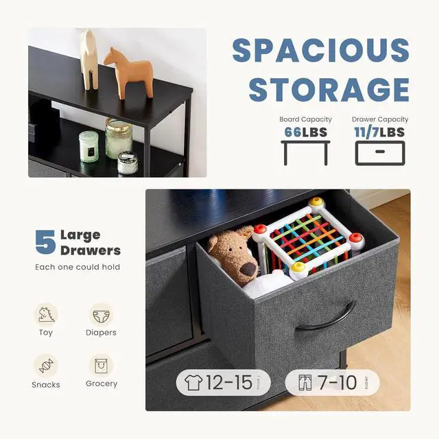 Alt view image 4 of 6 - Eyesoul TV Stand Dresser with 5 Fabric Storage Drawers, Media Console Featuring Open Shelf for 45 inch TV, Compact Entertainment Unit for Bedroom, Living Space, or Dorm Organization, Grey