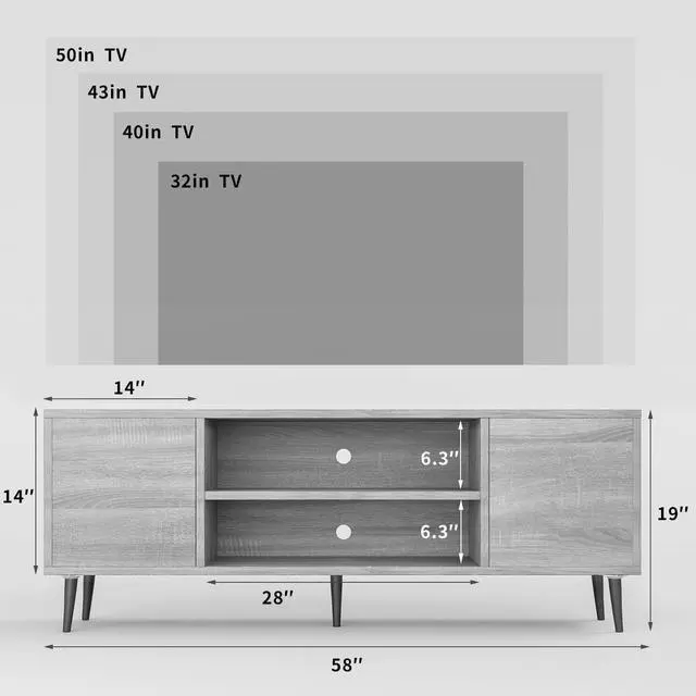 Alt view image 3 of 6 - Eyesoul TV Stand for 65 Inch TV, Mid Century Modern TV Stand, Entertainment Center with Storage Cabinet and Open Shelves, TV Console Table Media Cabinet for Living Room, and Bedroom (Light Gray)