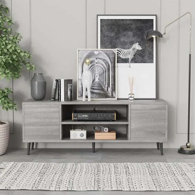 Alt view image 2 of 6 - Eyesoul TV Stand for 65 Inch TV, Mid Century Modern TV Stand, Entertainment Center with Storage Cabinet and Open Shelves, TV Console Table Media Cabinet for Living Room, and Bedroom (Light Gray)