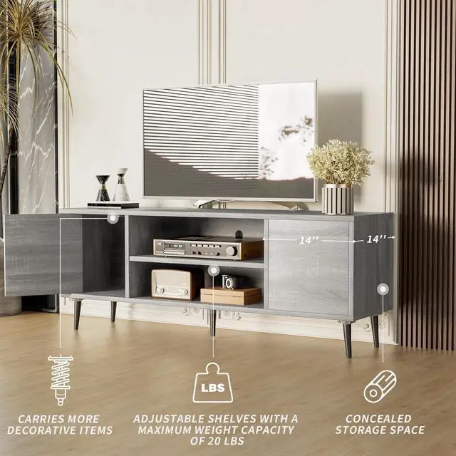 Alt view image 4 of 6 - Eyesoul TV Stand for 65 Inch TV, Mid Century Modern TV Stand, Entertainment Center with Storage Cabinet and Open Shelves, TV Console Table Media Cabinet for Living Room, and Bedroom (Light Gray)