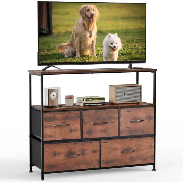 Main image of Eyesoul TV Stand Dresser with 5 Fabric Storage Drawers, Media Console Featuring Open Shelf for 45 inch TV, Compact Entertainment Unit for Bedroom, Living Space, or Dorm Organization, Rust