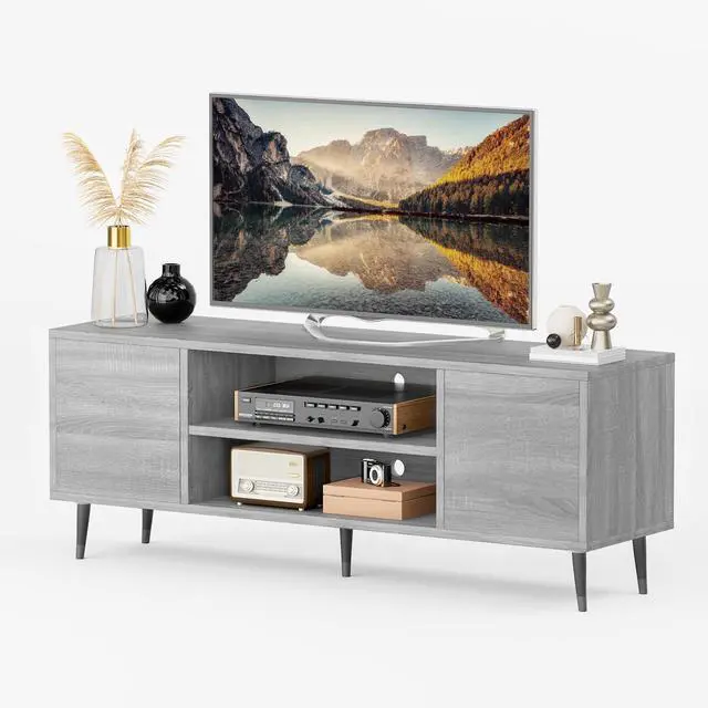 Alt view image 6 of 6 - Eyesoul TV Stand for 65 Inch TV, Mid Century Modern TV Stand, Entertainment Center with Storage Cabinet and Open Shelves, TV Console Table Media Cabinet for Living Room, and Bedroom (Light Gray)