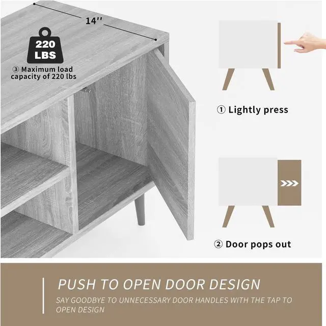 Alt view image 5 of 6 - Eyesoul TV Stand for 65 Inch TV, Mid Century Modern TV Stand, Entertainment Center with Storage Cabinet and Open Shelves, TV Console Table Media Cabinet for Living Room, and Bedroom (Light Gray)