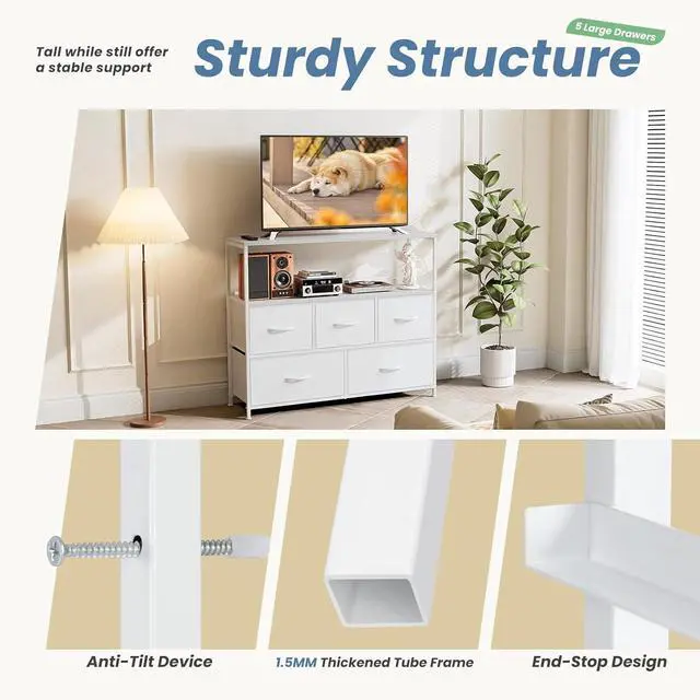 Alt view image 6 of 6 - Eyesoul TV Stand Dresser with 5 Fabric Storage Drawers, Media Console Featuring Open Shelf for 45 inch TV, Compact Entertainment Unit for Bedroom, Living Space, or Dorm Organization, White