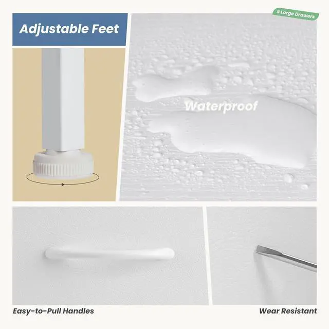 Alt view image 5 of 6 - Eyesoul TV Stand Dresser with 5 Fabric Storage Drawers, Media Console Featuring Open Shelf for 45 inch TV, Compact Entertainment Unit for Bedroom, Living Space, or Dorm Organization, White