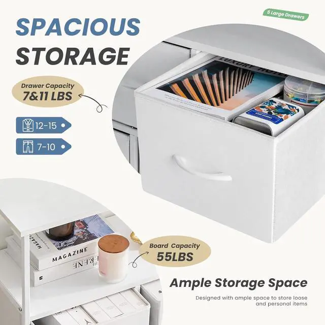 Alt view image 3 of 6 - Eyesoul TV Stand Dresser with 5 Fabric Storage Drawers, Media Console Featuring Open Shelf for 45 inch TV, Compact Entertainment Unit for Bedroom, Living Space, or Dorm Organization, White