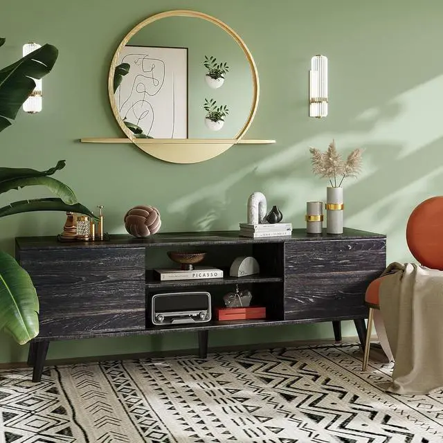 Alt view image 4 of 6 - Eyesoul TV Stand for 55 60 inch TV, Modern Entertainment Center with Storage Cabinets, Mid Century TV Console Table for Bedroom, TV Stand for Living Room, Charcoal Black