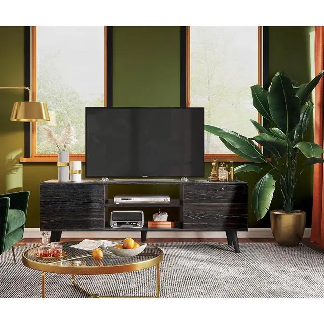 Alt view image 2 of 6 - Eyesoul TV Stand for 55 60 inch TV, Modern Entertainment Center with Storage Cabinets, Mid Century TV Console Table for Bedroom, TV Stand for Living Room, Charcoal Black