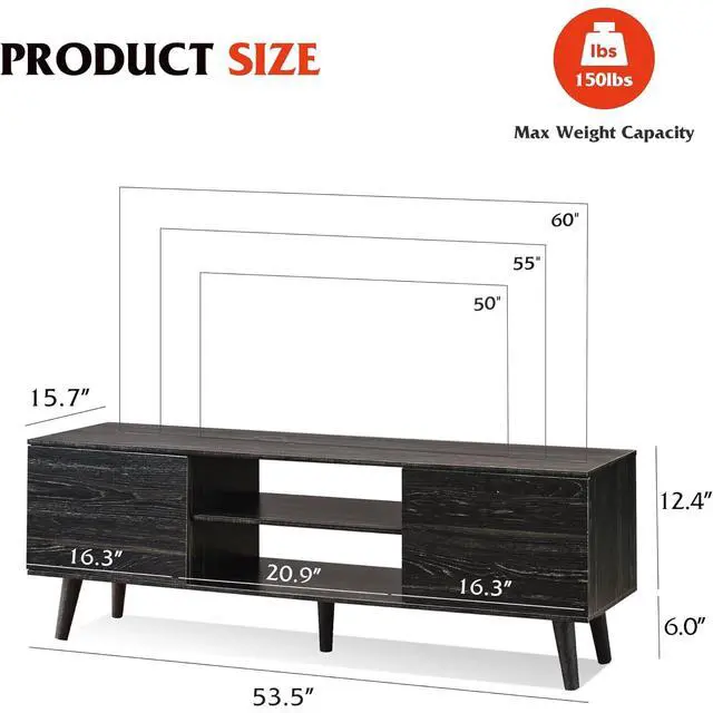 Alt view image 3 of 6 - Eyesoul TV Stand for 55 60 inch TV, Modern Entertainment Center with Storage Cabinets, Mid Century TV Console Table for Bedroom, TV Stand for Living Room, Charcoal Black