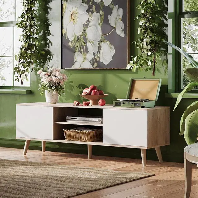 Alt view image 2 of 6 - Eyesoul TV Stand for 55 60 inch TV, Boho Entertainment Center with Storage Cabinets, TV Console for Living Room Decor, Greige White