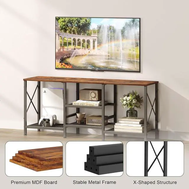 Alt view image 5 of 6 - Eyesoul TV Stand for 55 Inch TV, Entertainment Center with 3-Tier Open Shelves, TV Console Table for Living Room, Bedroom, Rustic Brown