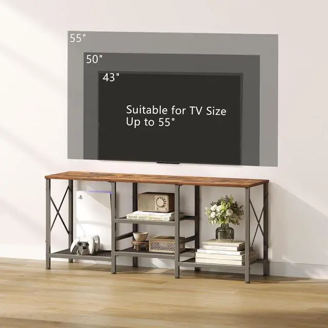 Alt view image 6 of 6 - Eyesoul TV Stand for 55 Inch TV, Entertainment Center with 3-Tier Open Shelves, TV Console Table for Living Room, Bedroom, Rustic Brown