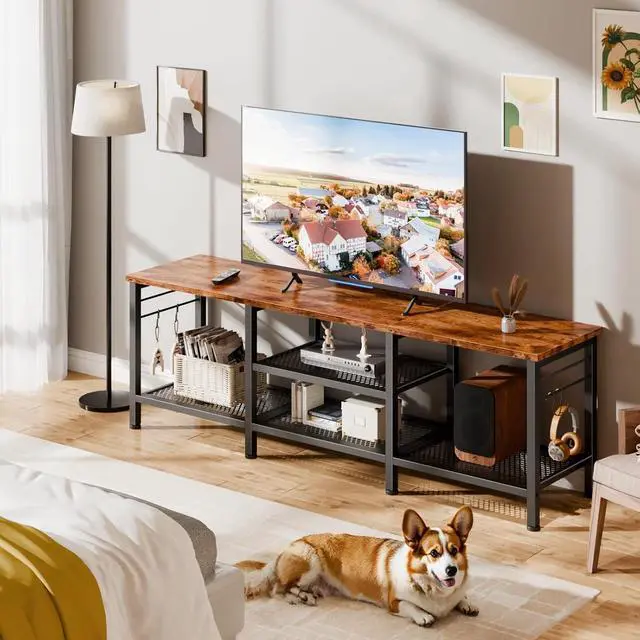 Alt view image 5 of 6 - Eyesoul TV Stand for TVs up to 65 Inch, Entertainment Center with Open Storage Shelves, 55 Inch Television Stands with Soundbar Shelf for Living Room, Bedroom, Rustic Brown