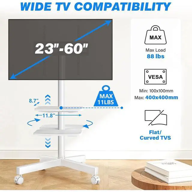 Alt view image 2 of 6 - Eyesoul Mobile TV Stand for 23-60 Inch LCD LED Flat/Curved Panel Screen TVs up to 88 lbs, Rolling TV Stand with Adjustable Shelf & Tilt, Portable Floor Stand on Wheels for Bedroom, Living Room, White