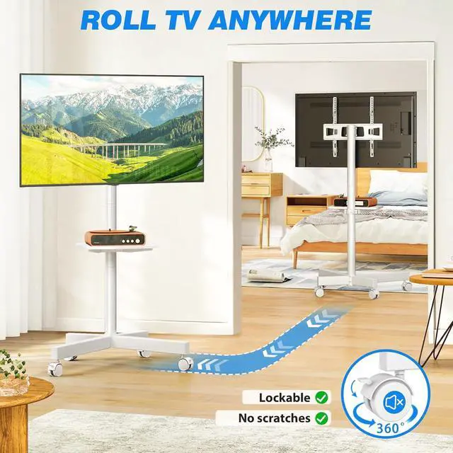 Alt view image 4 of 6 - Eyesoul Mobile TV Stand for 23-60 Inch LCD LED Flat/Curved Panel Screen TVs up to 88 lbs, Rolling TV Stand with Adjustable Shelf & Tilt, Portable Floor Stand on Wheels for Bedroom, Living Room, White