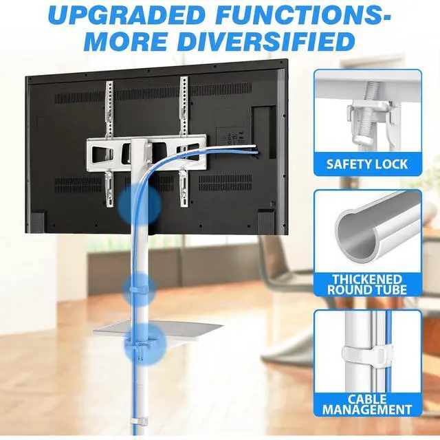 Alt view image 6 of 6 - Eyesoul Mobile TV Stand for 23-60 Inch LCD LED Flat/Curved Panel Screen TVs up to 88 lbs, Rolling TV Stand with Adjustable Shelf & Tilt, Portable Floor Stand on Wheels for Bedroom, Living Room, White