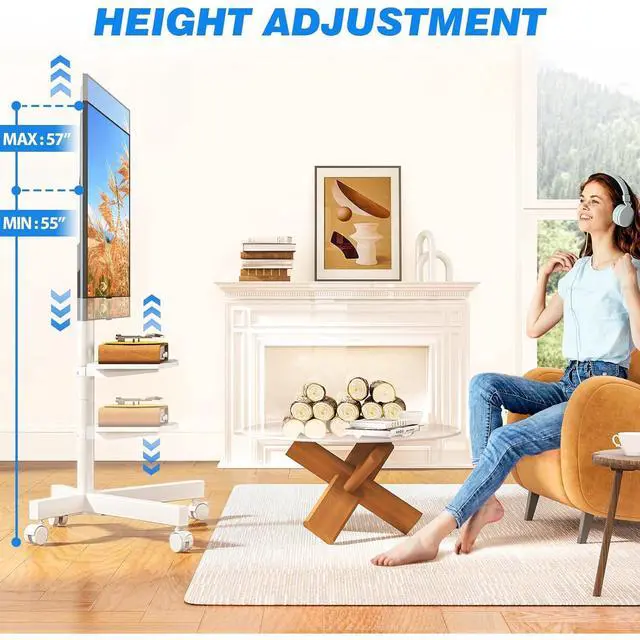 Alt view image 3 of 6 - Eyesoul Mobile TV Stand for 23-60 Inch LCD LED Flat/Curved Panel Screen TVs up to 88 lbs, Rolling TV Stand with Adjustable Shelf & Tilt, Portable Floor Stand on Wheels for Bedroom, Living Room, White