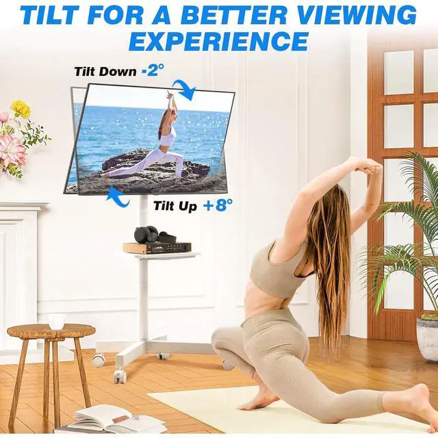 Alt view image 5 of 6 - Eyesoul Mobile TV Stand for 23-60 Inch LCD LED Flat/Curved Panel Screen TVs up to 88 lbs, Rolling TV Stand with Adjustable Shelf & Tilt, Portable Floor Stand on Wheels for Bedroom, Living Room, White