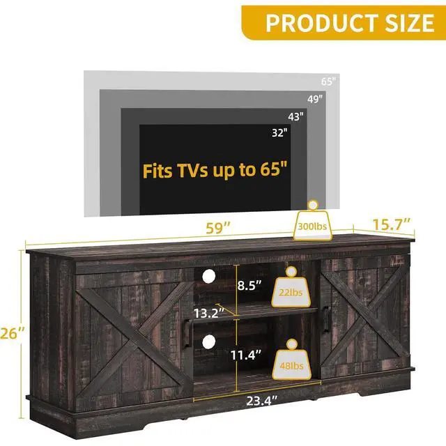 Alt view image 2 of 6 - Eyesoul Farmhouse TV Stands for Living Room, Entertainment Center with Storage, TV Stand for 65 Inch TV with Double Barn Doors & Storage Cabinets, Rustic TV Cabinet Media Console, Dark Oak