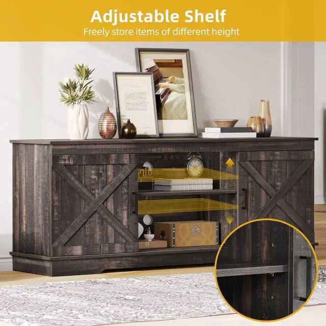Alt view image 3 of 6 - Eyesoul Farmhouse TV Stands for Living Room, Entertainment Center with Storage, TV Stand for 65 Inch TV with Double Barn Doors & Storage Cabinets, Rustic TV Cabinet Media Console, Dark Oak