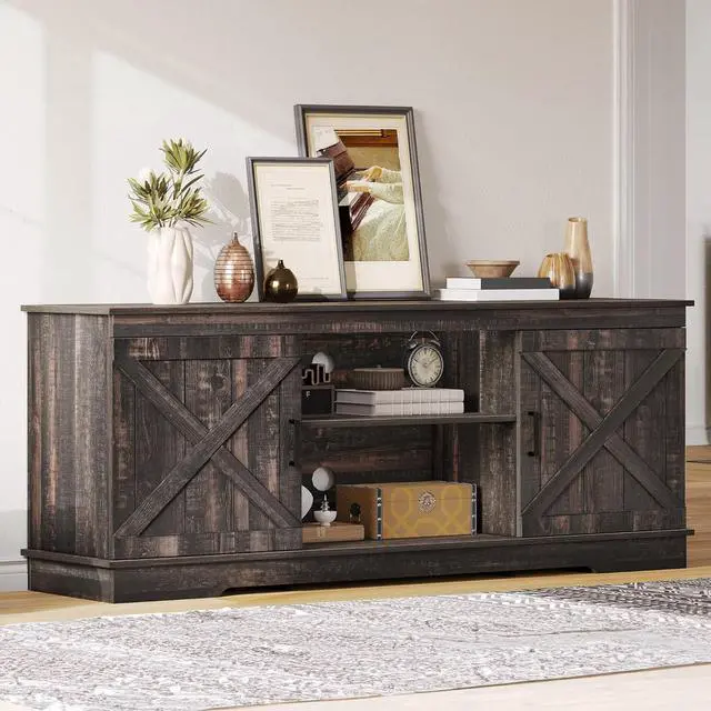 Alt view image 4 of 6 - Eyesoul Farmhouse TV Stands for Living Room, Entertainment Center with Storage, TV Stand for 65 Inch TV with Double Barn Doors & Storage Cabinets, Rustic TV Cabinet Media Console, Dark Oak