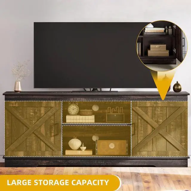 Alt view image 5 of 6 - Eyesoul Farmhouse TV Stands for Living Room, Entertainment Center with Storage, TV Stand for 65 Inch TV with Double Barn Doors & Storage Cabinets, Rustic TV Cabinet Media Console, Dark Oak