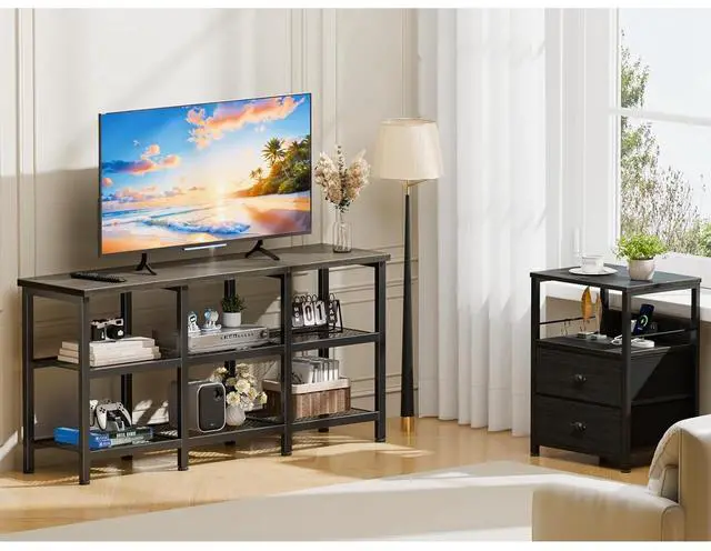Alt view image 3 of 6 - Eyesoul TV Stand, 43 Inch Entertainment Center with 3-Tier Storage Shelves, Industrial Media Console Table for TVs up to 50 Inch, Television Stands for Living Room, Bedroom, Light Black Oak