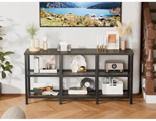 Alt view image 4 of 6 - Eyesoul TV Stand, 43 Inch Entertainment Center with 3-Tier Storage Shelves, Industrial Media Console Table for TVs up to 50 Inch, Television Stands for Living Room, Bedroom, Light Black Oak