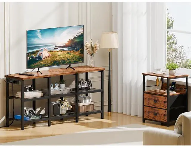 Alt view image 3 of 6 - Eyesoul TV Stand with Power Outlets, Small Entertainment Center with Open Storage Shelves, Media Console Center for TVs up to 50 Inch, Television Stands for Living Room/Bedroom, Rustic Brown