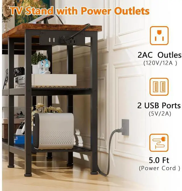 Alt view image 4 of 6 - Eyesoul TV Stand with Power Outlets, Small Entertainment Center with Open Storage Shelves, Media Console Center for TVs up to 50 Inch, Television Stands for Living Room/Bedroom, Rustic Brown