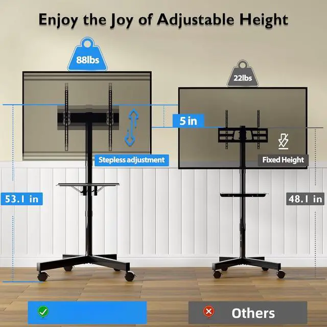 Alt view image 2 of 6 - Eyesoul Mobile TV Stand for 23-60 Inch TVs, Rolling TV Stand with Locking Wheels, Adjustable Height, Media Shelf, Max VESA 400x400mm, Holds Up to 88lbs