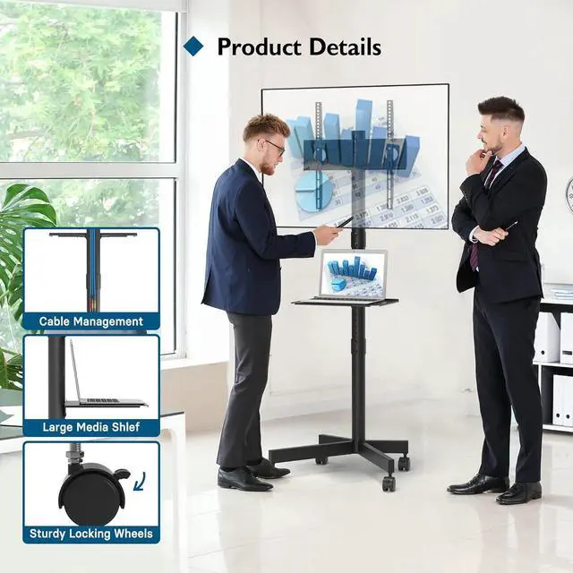 Alt view image 5 of 6 - Eyesoul Mobile TV Stand for 23-60 Inch TVs, Rolling TV Stand with Locking Wheels, Adjustable Height, Media Shelf, Max VESA 400x400mm, Holds Up to 88lbs