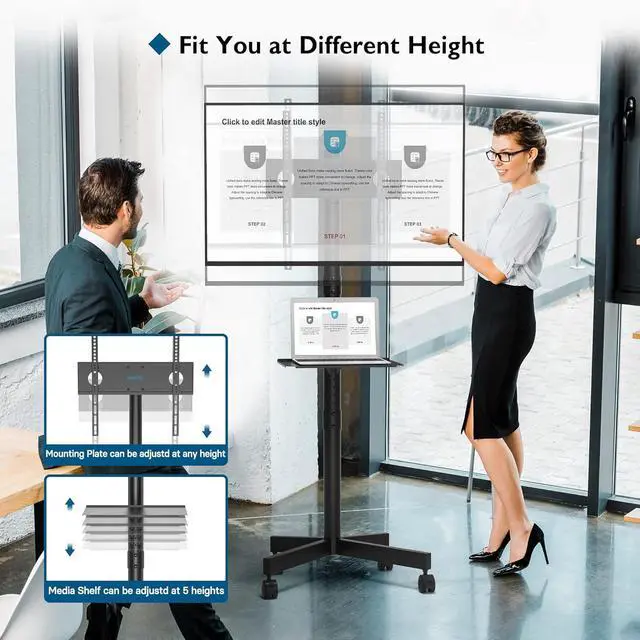 Alt view image 4 of 6 - Eyesoul Mobile TV Stand for 23-60 Inch TVs, Rolling TV Stand with Locking Wheels, Adjustable Height, Media Shelf, Max VESA 400x400mm, Holds Up to 88lbs