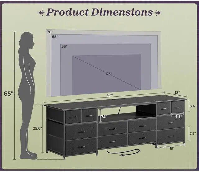 Alt view image 3 of 6 - Eyesoul 63 Inch Dresser TV Stand with LED Lights, Power Outlets and USB-C Port, 12 Fabric Drawer Dresser for Bedroom, Wide Entertainment Center for 65, 70 Inch TV, Open Shelf, Black
