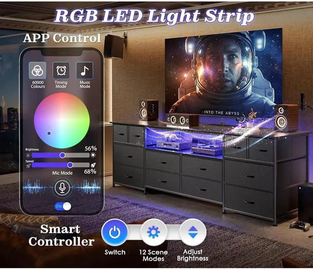 Alt view image 4 of 6 - Eyesoul 63 Inch Dresser TV Stand with LED Lights, Power Outlets and USB-C Port, 12 Fabric Drawer Dresser for Bedroom, Wide Entertainment Center for 65, 70 Inch TV, Open Shelf, Black