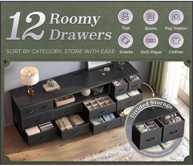 Alt view image 6 of 6 - Eyesoul 63 Inch Dresser TV Stand with LED Lights, Power Outlets and USB-C Port, 12 Fabric Drawer Dresser for Bedroom, Wide Entertainment Center for 65, 70 Inch TV, Open Shelf, Black