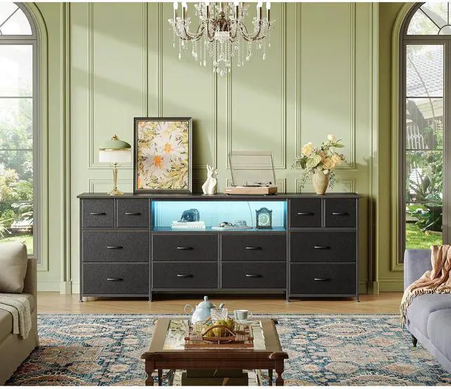 Alt view image 2 of 6 - Eyesoul 63 Inch Dresser TV Stand with LED Lights, Power Outlets and USB-C Port, 12 Fabric Drawer Dresser for Bedroom, Wide Entertainment Center for 65, 70 Inch TV, Open Shelf, Black