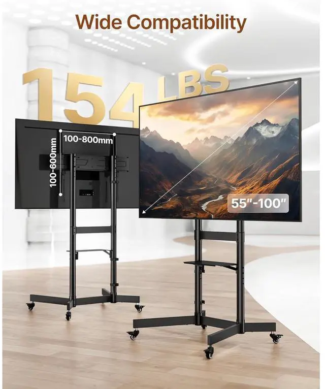 Alt view image 2 of 6 - Eyesoul Heavy-Duty Rolling TV Stand for 55100" Screens  Supports 165 lbs, Stable Mobile TV Cart with Shelf & Locking Wheels, Floor TV Stand, Max VESA 800x600mm, Black