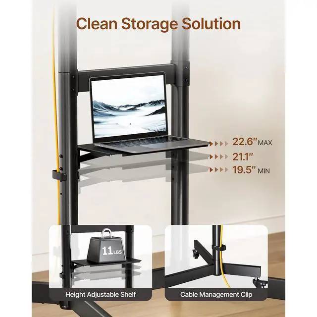 Alt view image 4 of 6 - Eyesoul Heavy-Duty Rolling TV Stand for 55100" Screens  Supports 165 lbs, Stable Mobile TV Cart with Shelf & Locking Wheels, Floor TV Stand, Max VESA 800x600mm, Black