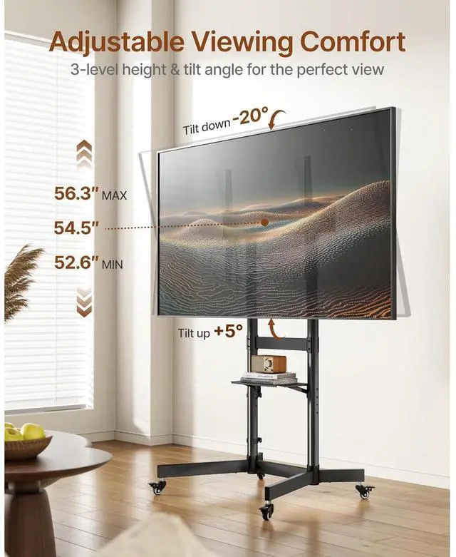 Alt view image 3 of 6 - Eyesoul Heavy-Duty Rolling TV Stand for 55100" Screens  Supports 165 lbs, Stable Mobile TV Cart with Shelf & Locking Wheels, Floor TV Stand, Max VESA 800x600mm, Black