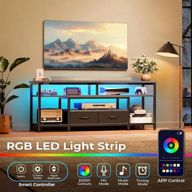 Alt view image 2 of 6 - Eyesoul TV Stand for 55 60 Inch TV, Entertainment Center with Power Outlets and LED Lights, 54 Inch TV Console for Living Room, Media Console with Drawers and Shelves, Grey, 8778HC