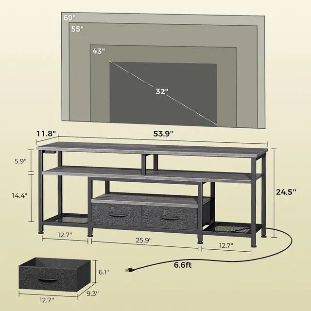 Alt view image 5 of 6 - Eyesoul TV Stand for 55 60 Inch TV, Entertainment Center with Power Outlets and LED Lights, 54 Inch TV Console for Living Room, Media Console with Drawers and Shelves, Grey, 8778HC
