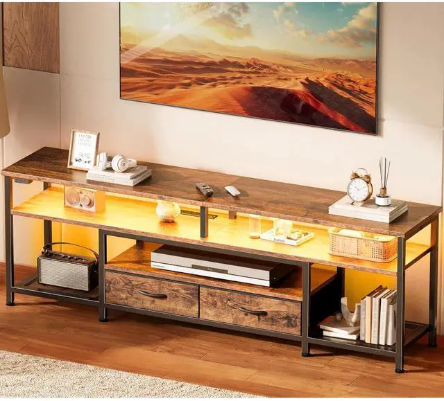 Main image of Eyesoul 63 Inch LED TV Stand for 65 70 Inch TV, Entertainment Center with Open Shelves and Power Outlets, TV Console for Living Room, Media Console with Drawers, Rustic Brown, 8779FC