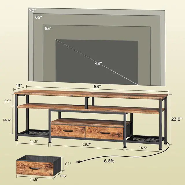 Alt view image 6 of 6 - Eyesoul 63 Inch LED TV Stand for 65 70 Inch TV, Entertainment Center with Open Shelves and Power Outlets, TV Console for Living Room, Media Console with Drawers, Rustic Brown, 8779FC